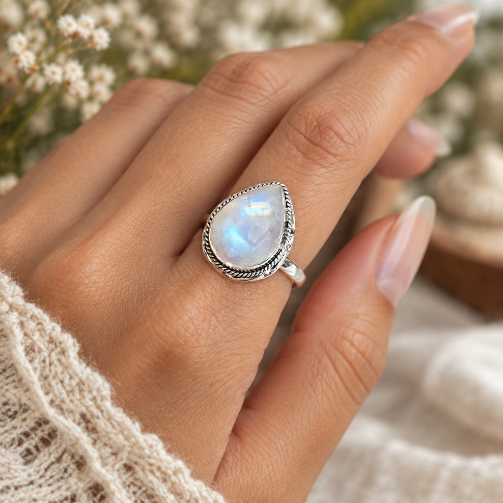 Hand wearing a sterling silver teardrop moonstone ring with a bezel-set natural moonstone