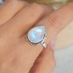 indie and harper sterling silver rain drop Moonstone Ring being worn