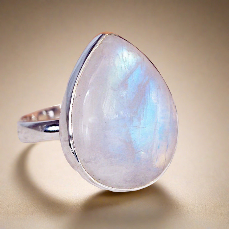 Moonstone Ring with blue and purple colours and made with sterling silver