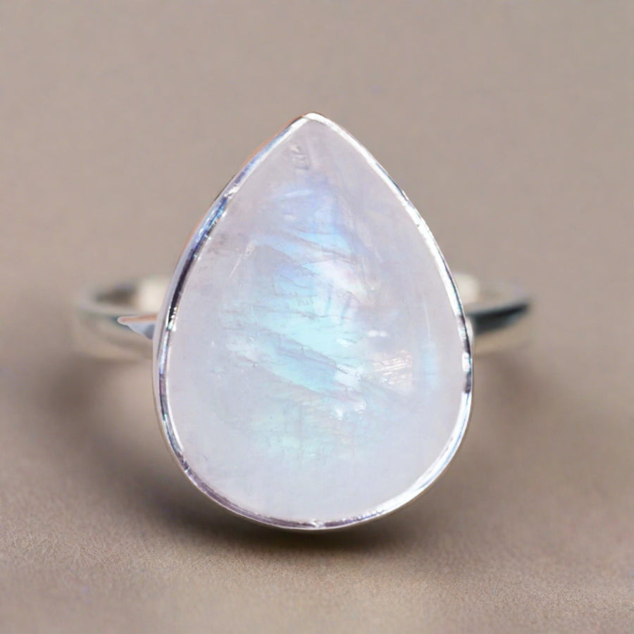 Sterling silver Moonstone Ring with tear drop moonstone shape and light blue colours
