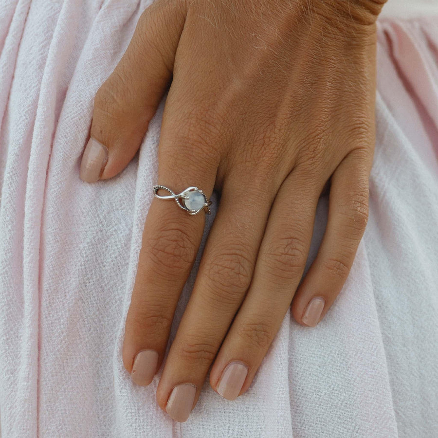 Woman’s hand wearing a Moonstone Ring - womens moonstone jewellery by indie and harper