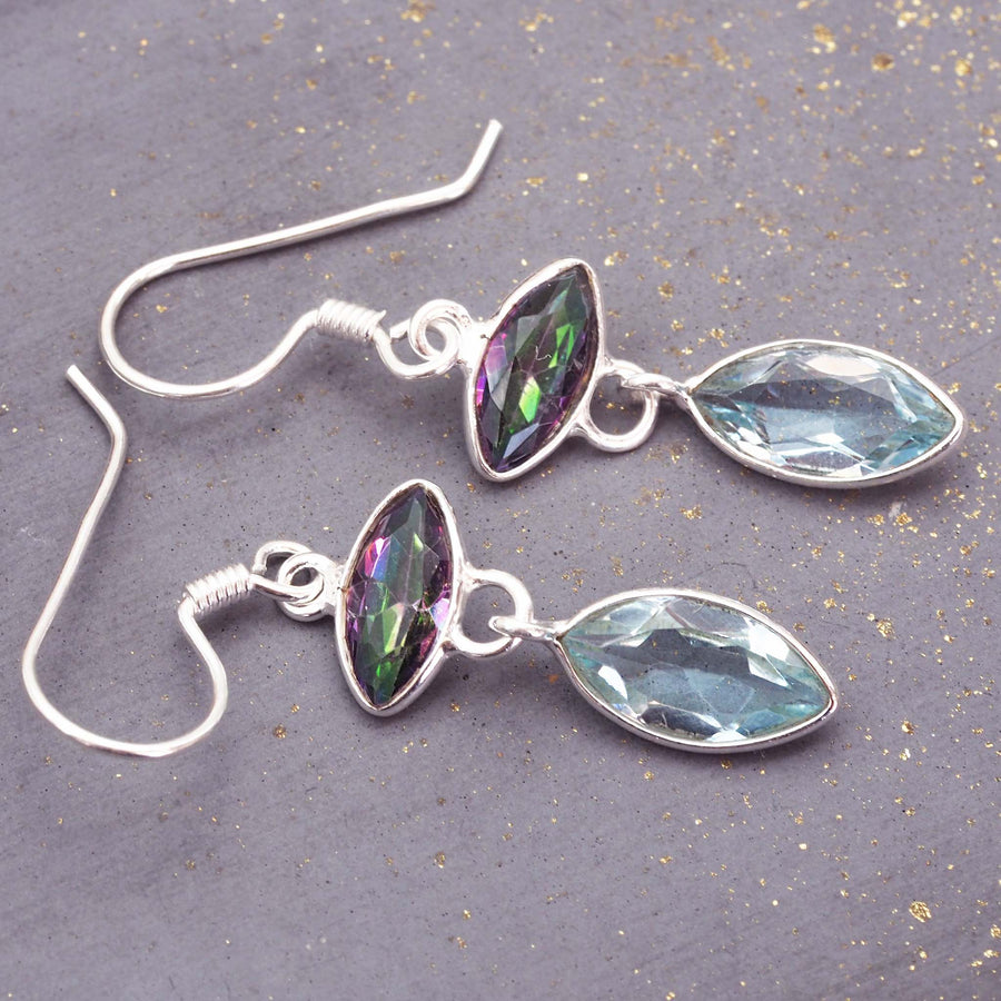 Mystic Quartz and Blue Topaz Earrings - sterling silver french hook earrings with mustic quartz and blue topaz gemstones - shop natural gemstones with online jewellery brand indie and harper