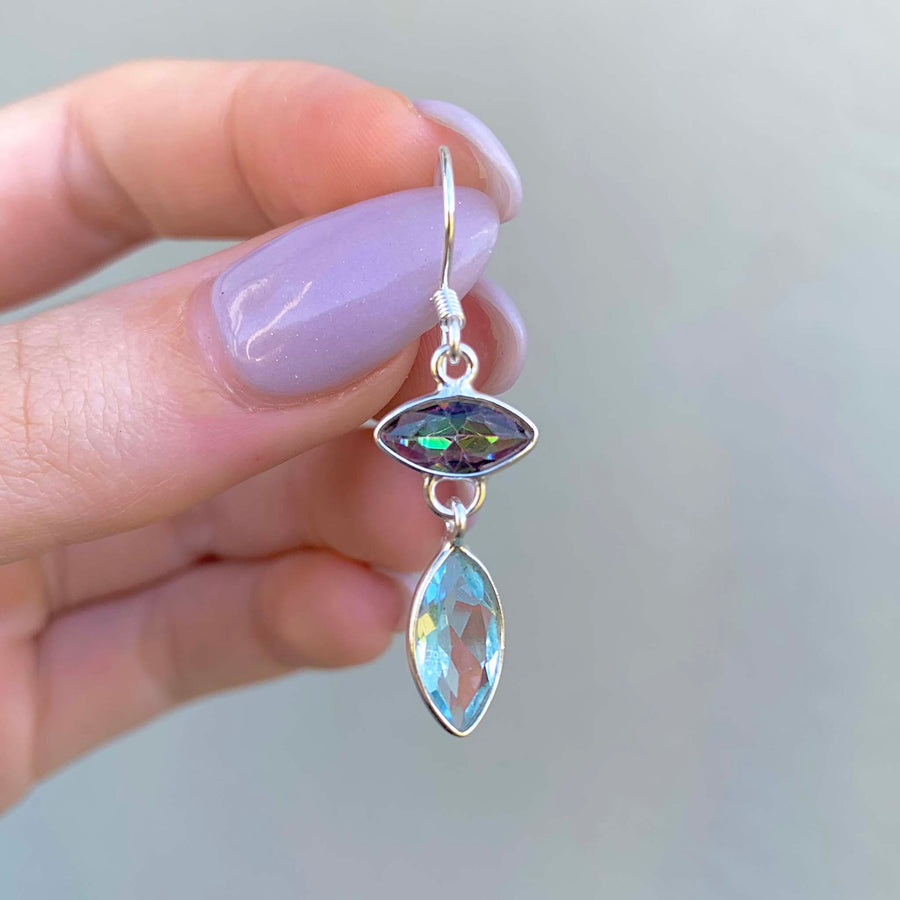 mystic quartz and blue topaz earrings - sterling silver earrings for women made with mystic quartz and blue topaz gemstones - boho jewellery by online jewellery brand indie and harper