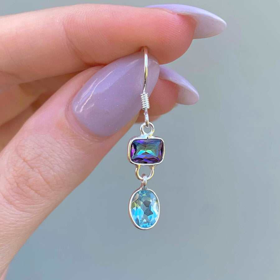 Dainty Mystic Quartz and Blue Topaz Earrings