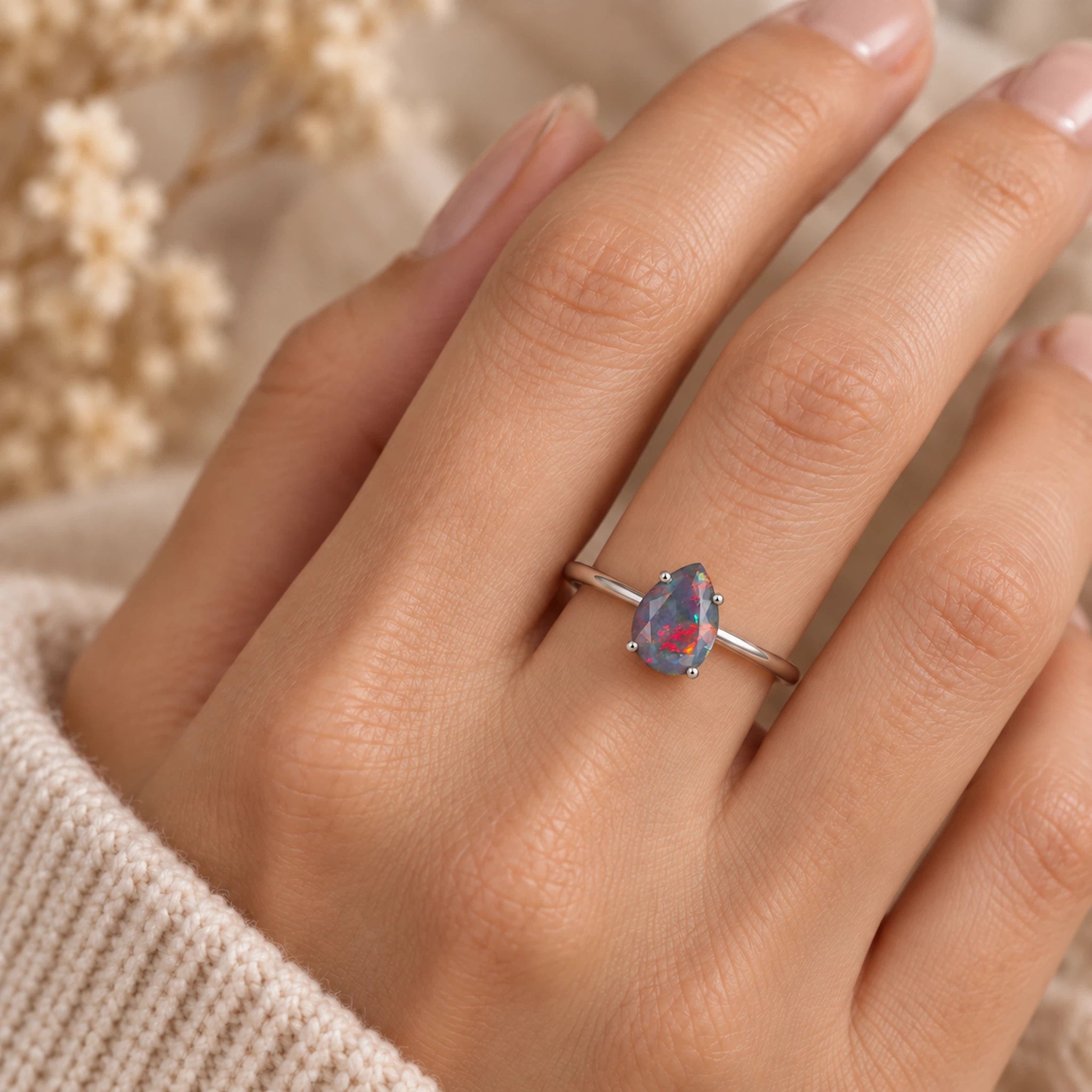 Natural Australian Opal Teardrop Ring – Black Colour Enhanced