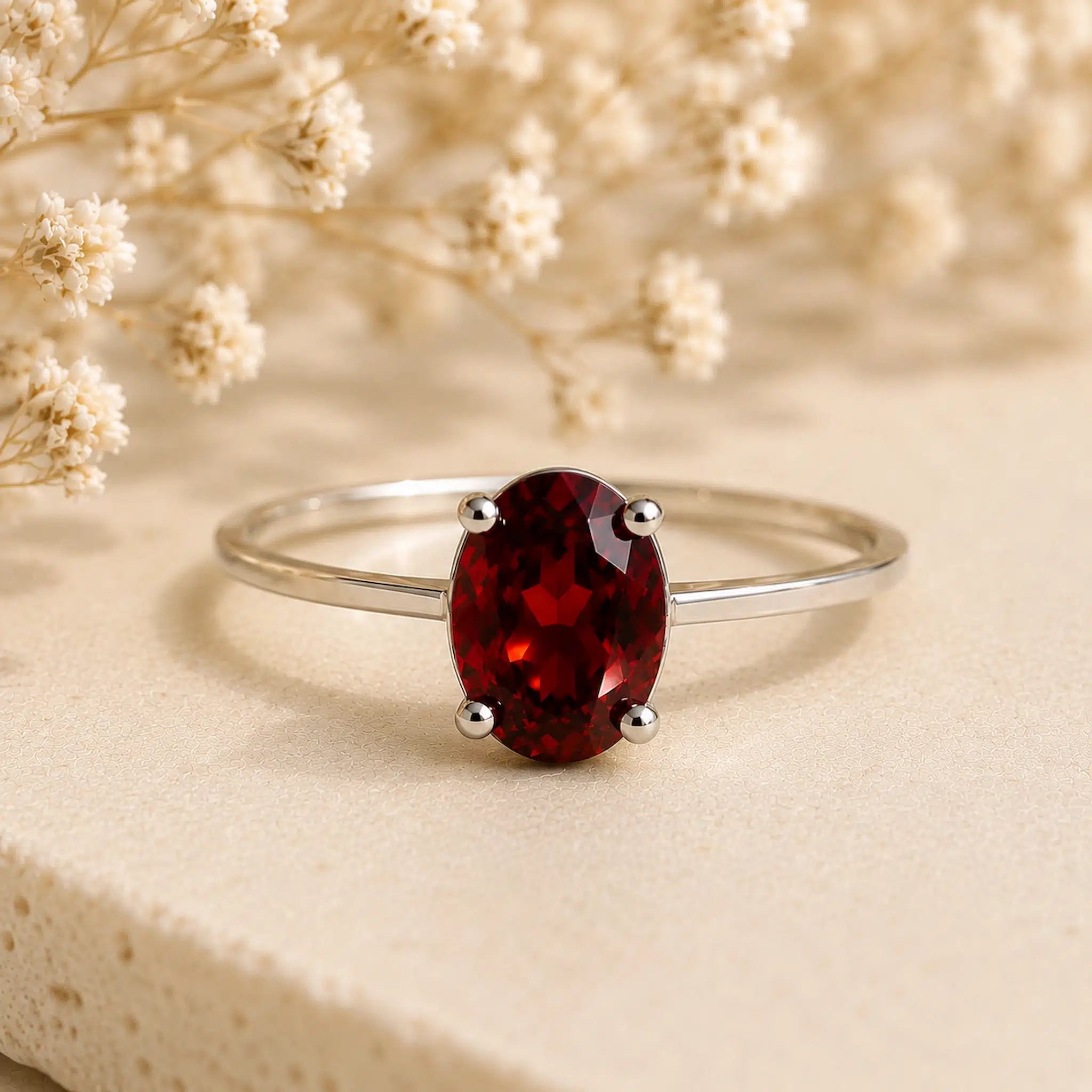 A silver ring with an oval-cut deep red garnet gemstone, displayed on a textured beige surface with dried white flowers in the background.