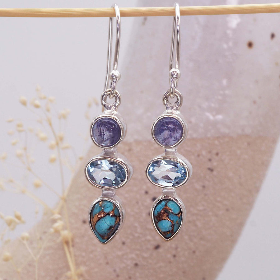 natural gemstone earrings - classic french hook design with natural tanzanite, blue topaz and turquoise gemstones - shop women's online jewellery brand indie and harper