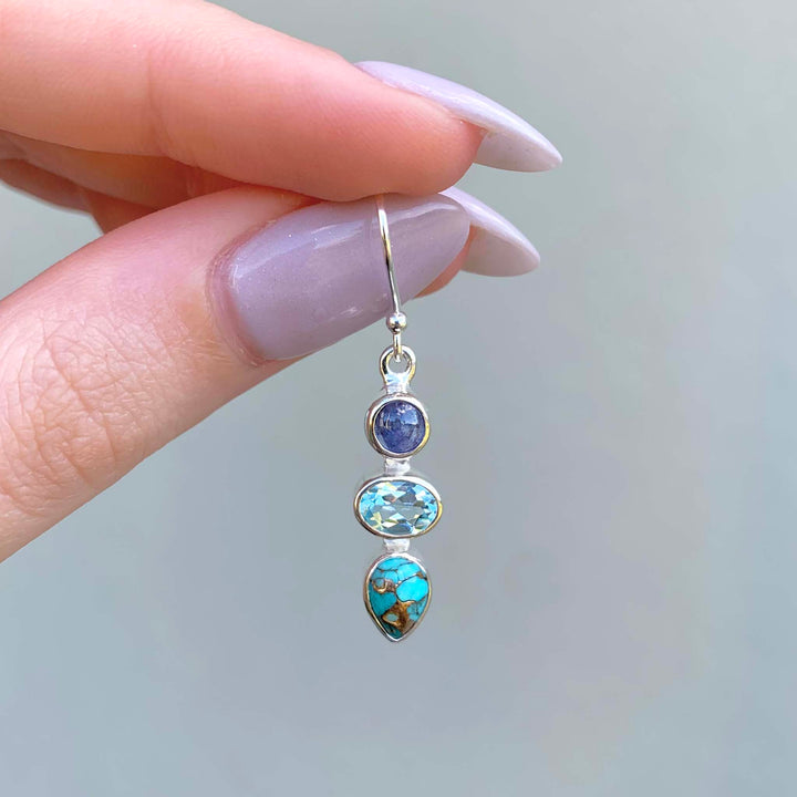 natural gemstone earrings - sterling silver earrings with tanzanite, topaz and turquoise gemstones - boho jewellery by indie and harper