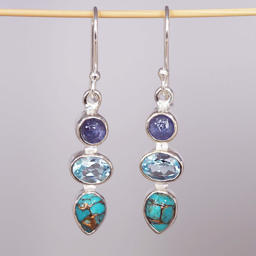 natural gemstone earrings - sterling silver earrings with natural tanzanite, blue topaz and turquoise gemstones. Shop online jewellery brand indie and harper