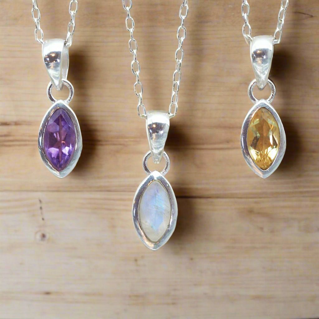 sterling silver boho natural gemstone necklaces with amethyst, citrine and moonstone marquise shaped pendants