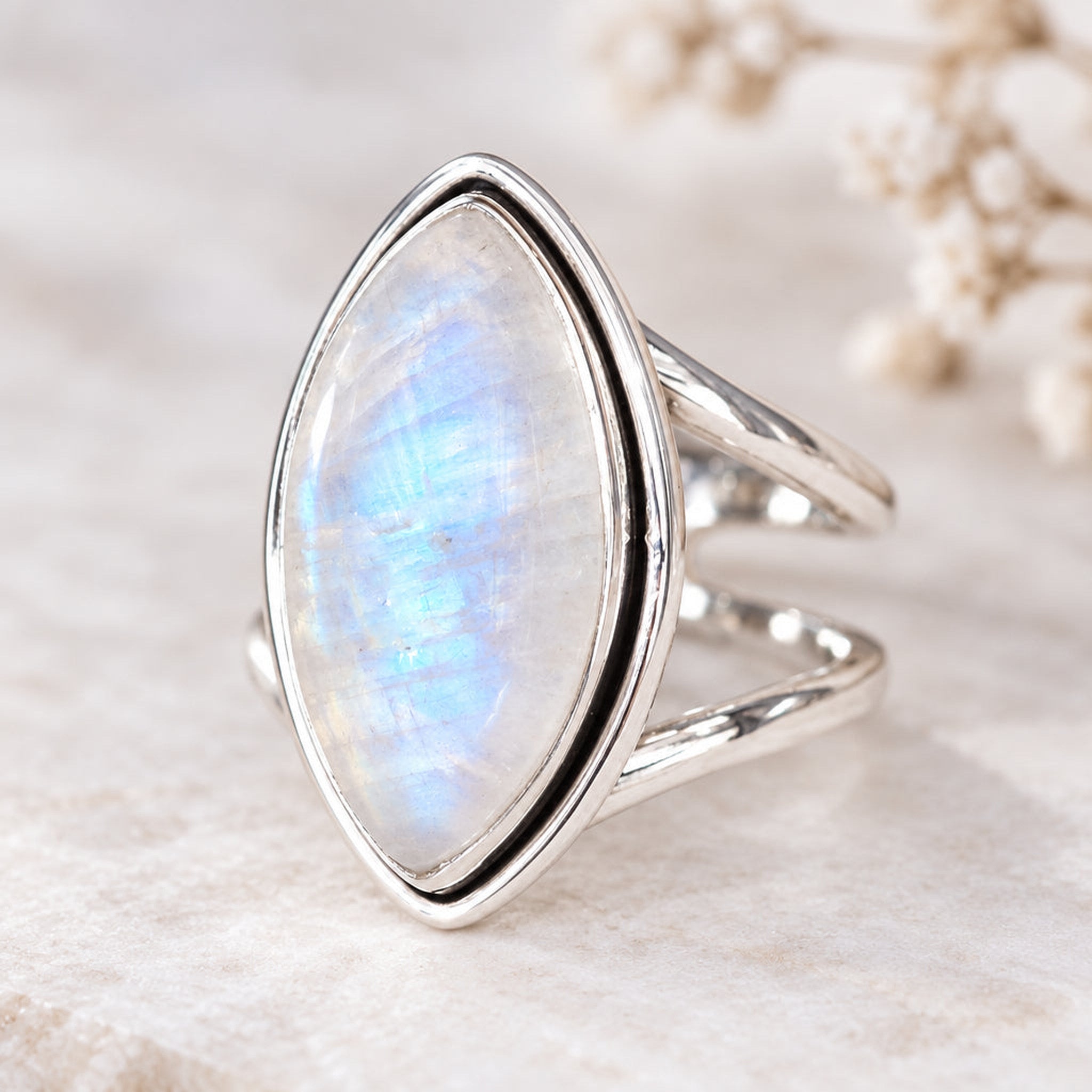 Marquise moonstone ring with a split double band in sterling silver