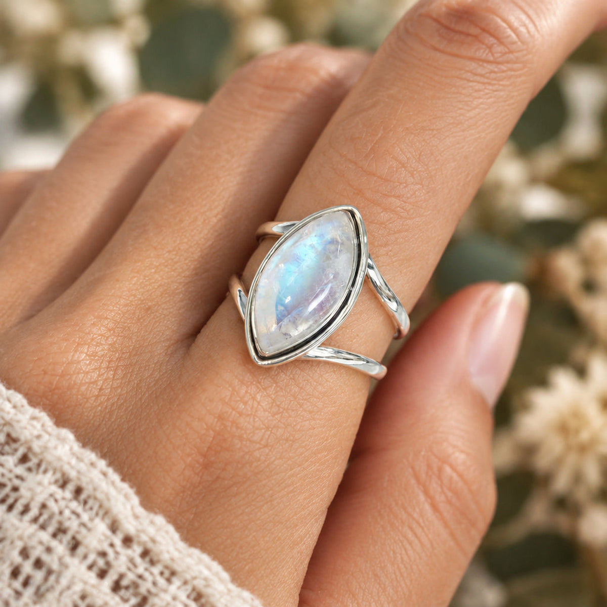 double band moonstone ring being worn - indie and harper Australia 