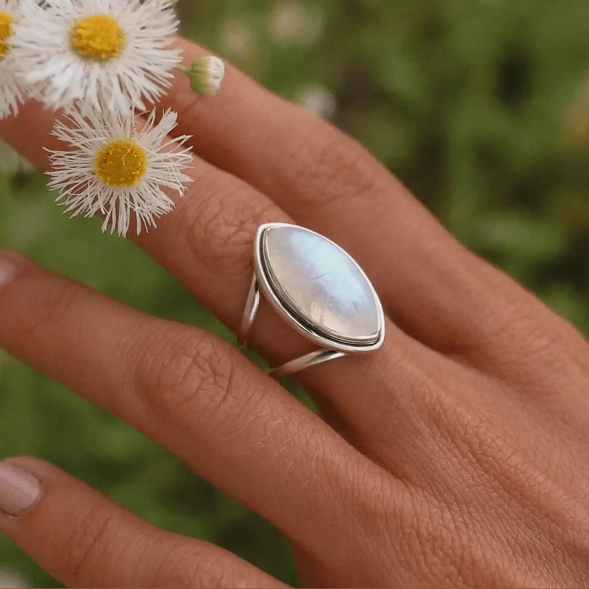 Sterling silver moonstone statement ring worn on a finger