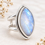 Natural moonstone double band ring in sterling silver