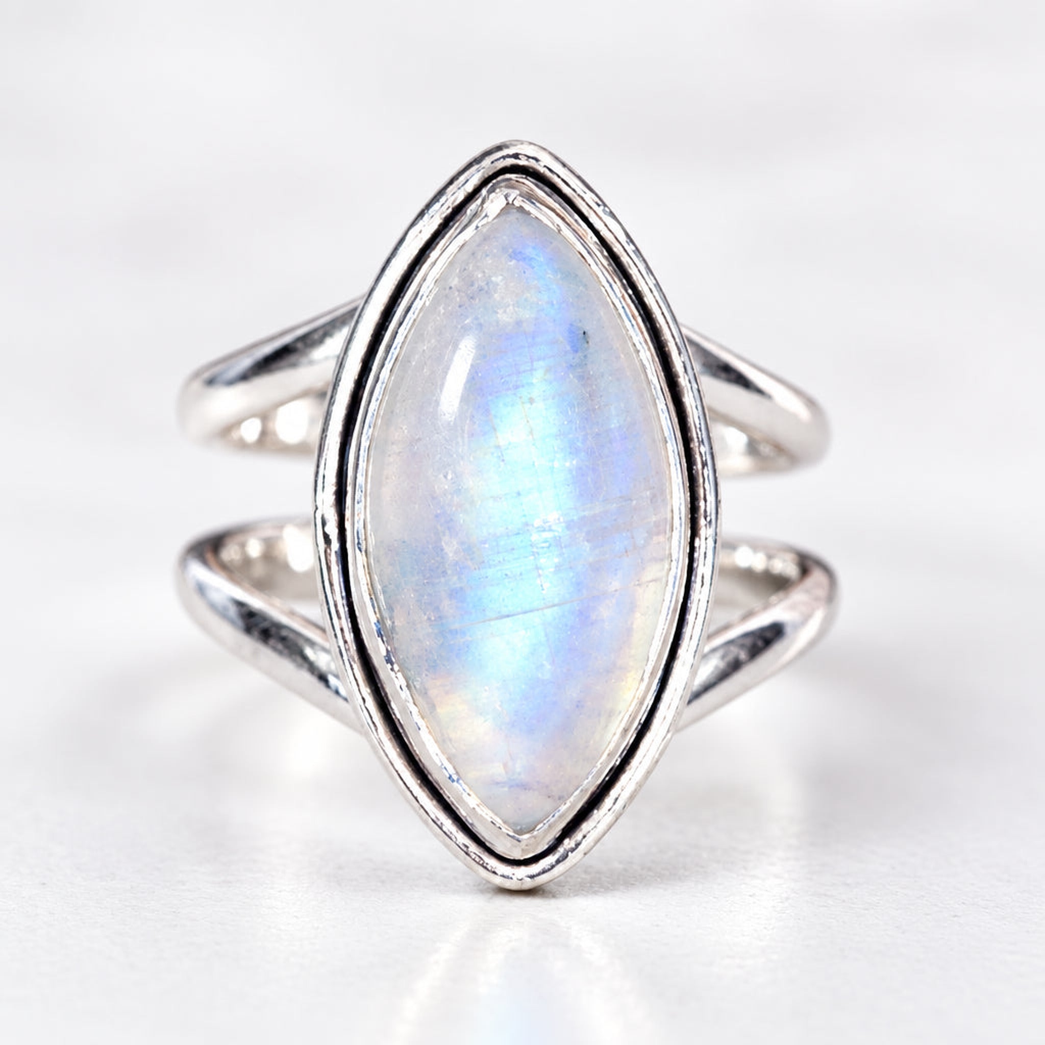 Sterling silver marquise moonstone double band ring