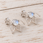 A pair of sterling silver stud earrings with teardrop-shaped wirework and round iridescent moonstone centers, displayed on a light wood background.