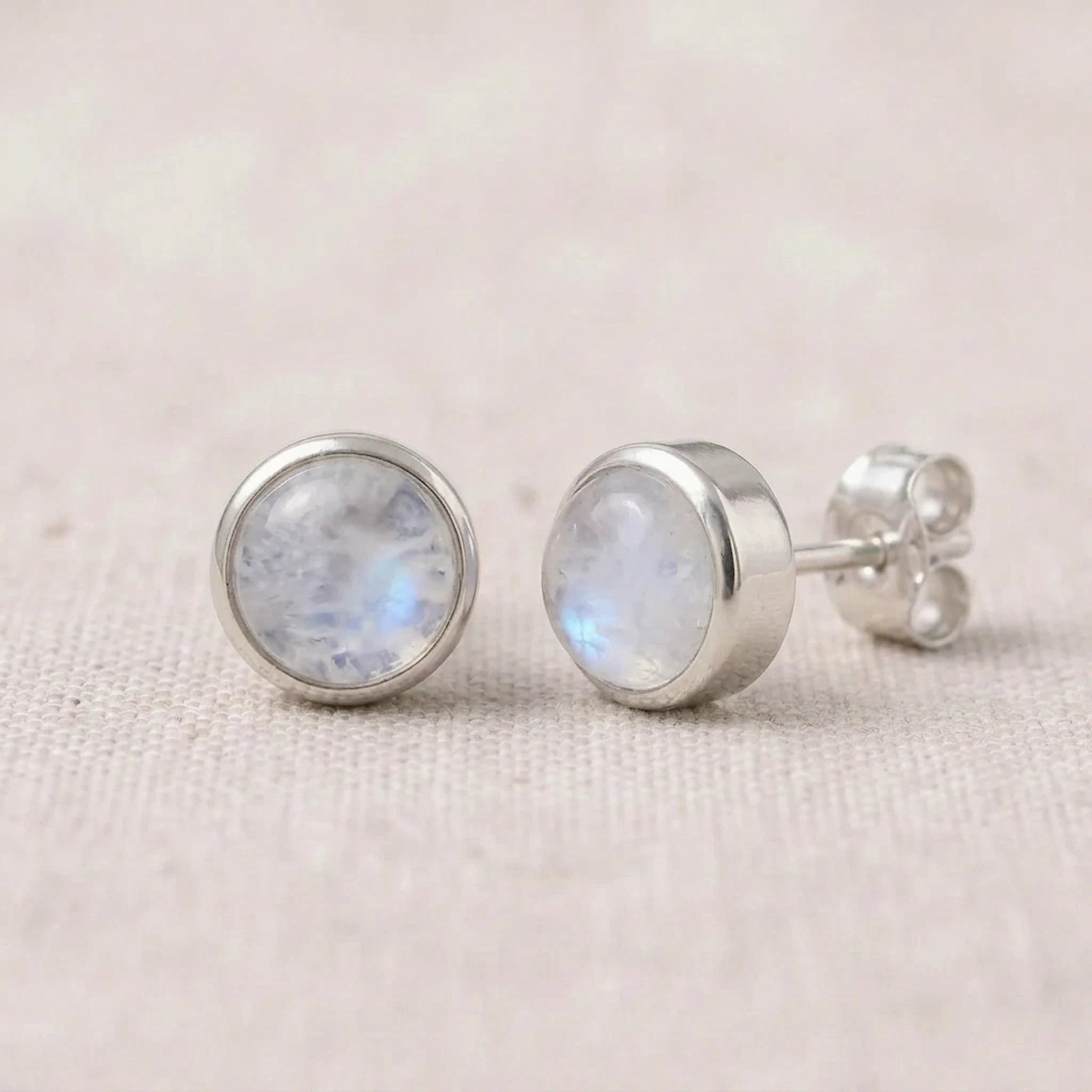 large round sterling silver natural moonstone stud earrings