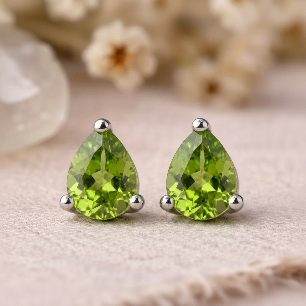 Close-up of faceted pear-shaped peridot stud earrings in sterling silver claw settings on linen