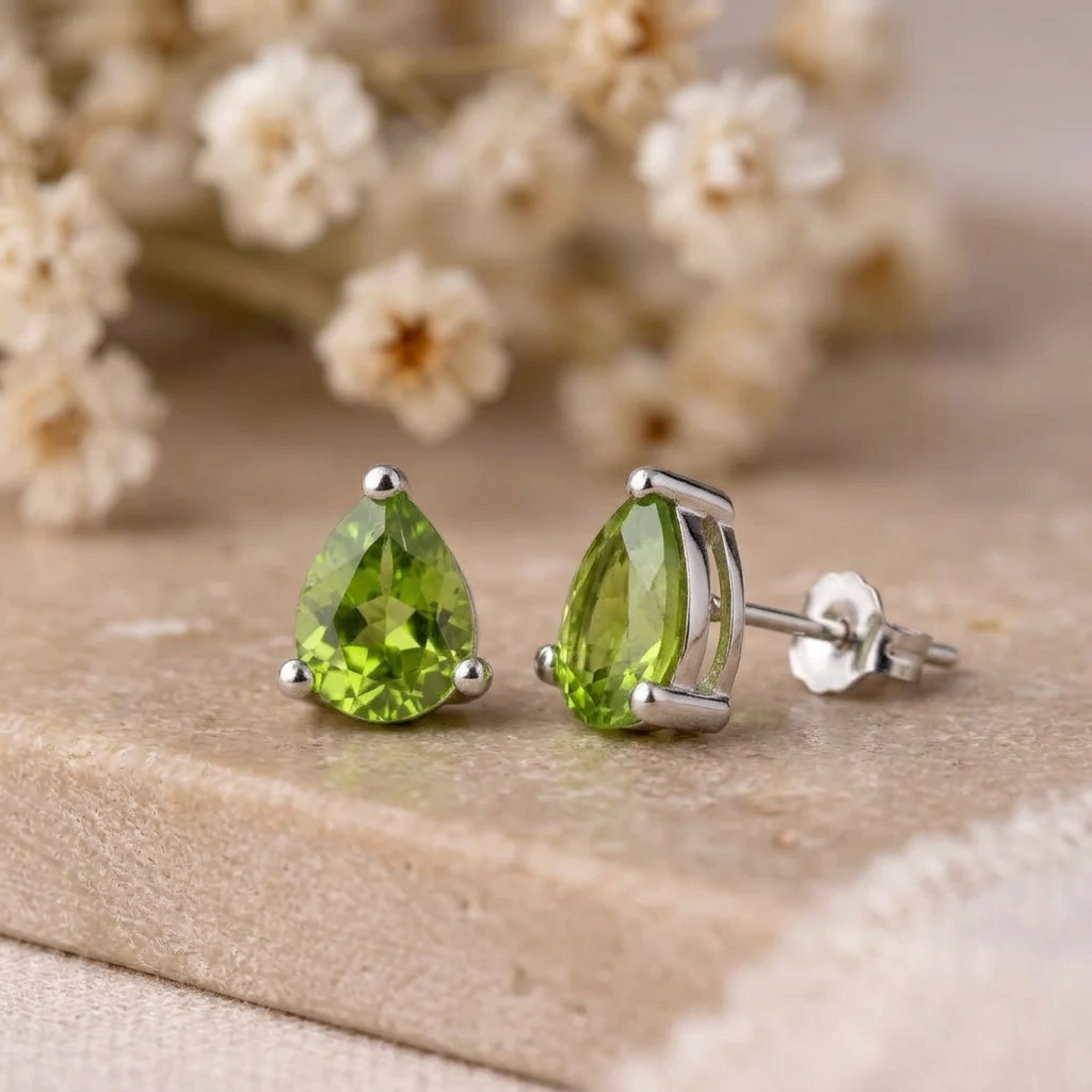 Peridot stud earrings with butterfly back on beige stone with dried white flowers behind