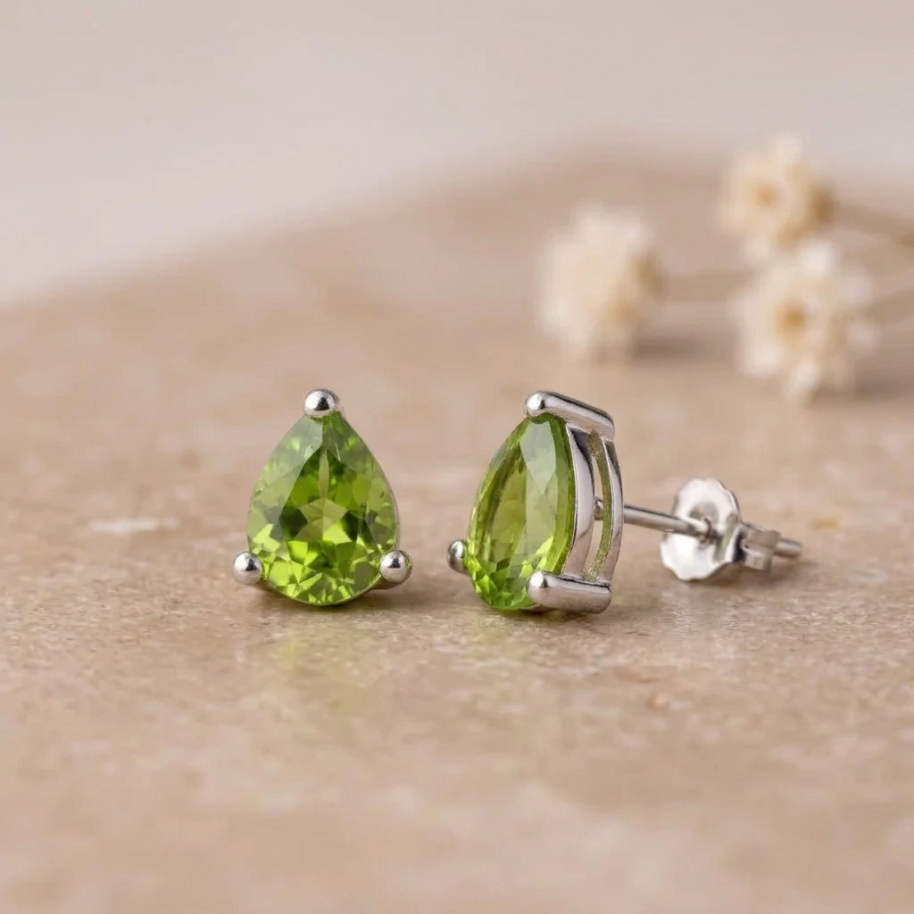 Peridot stud earrings side view showing the sterling silver claw setting and butterfly back on beige stone