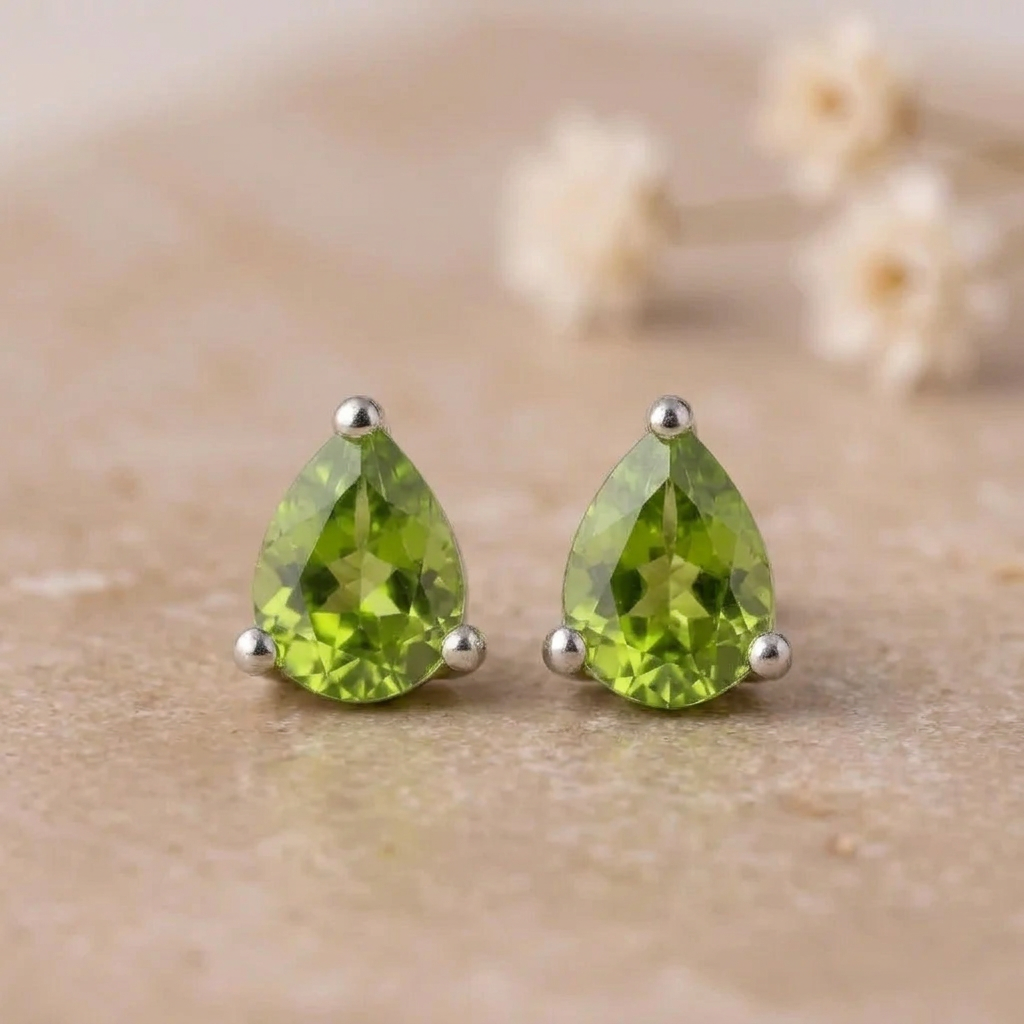 Pair of pear-shaped peridot stud earrings in sterling silver claws on beige stone with small white flowers