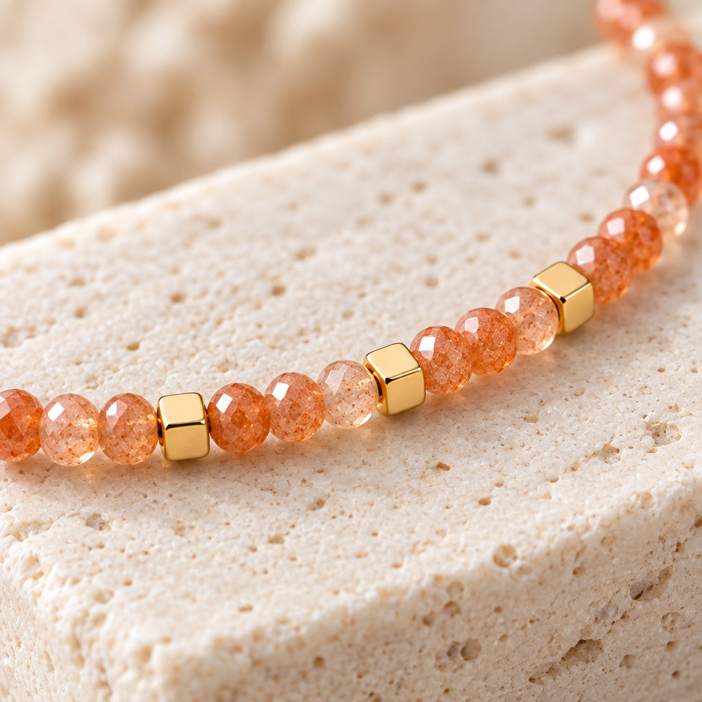 Natural Sunstone Gold Beaded Bracelet close-up with three square gold spacer beads