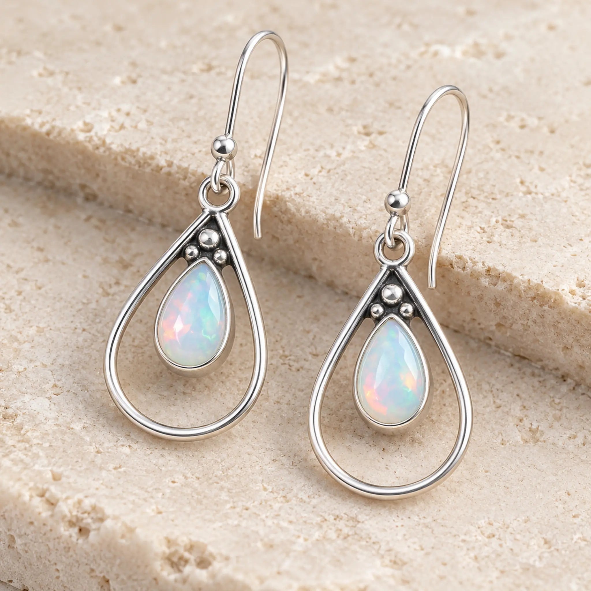 Angled pair of natural opal teardrop French hook earrings with silver bead detail, on a cream stone block