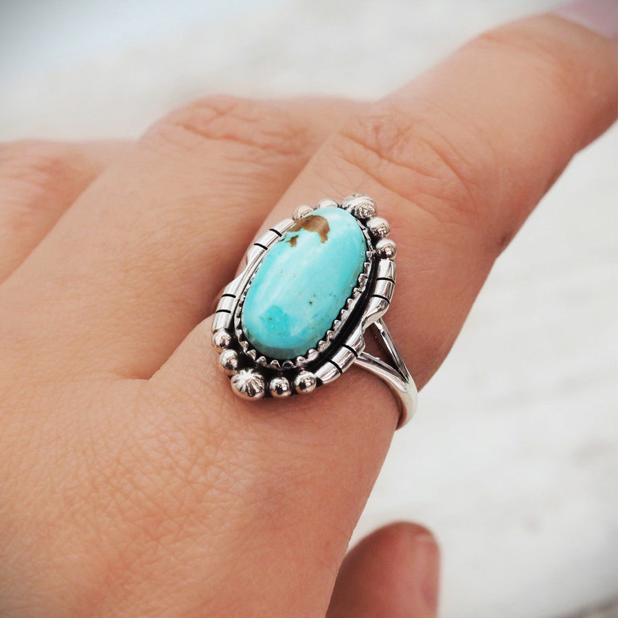 sterling silver navajo turquoise ring being worn - sterling silver turquoise jewellery