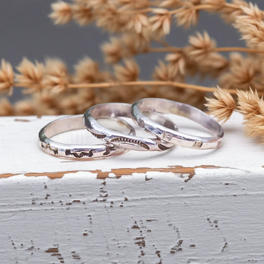 Three silver rings on a textured surface with dried plants in the background