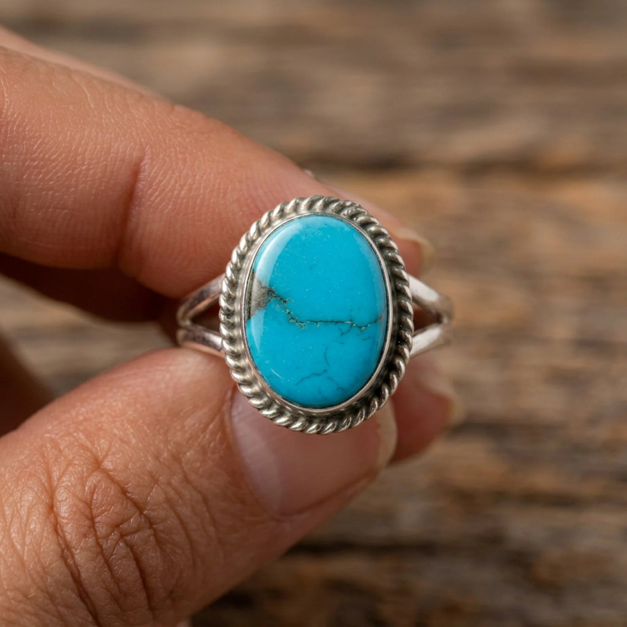 close up of fingers holding a sterling silver navajo kingman turquoise ring. oval shaped blue turquoise. wooden background