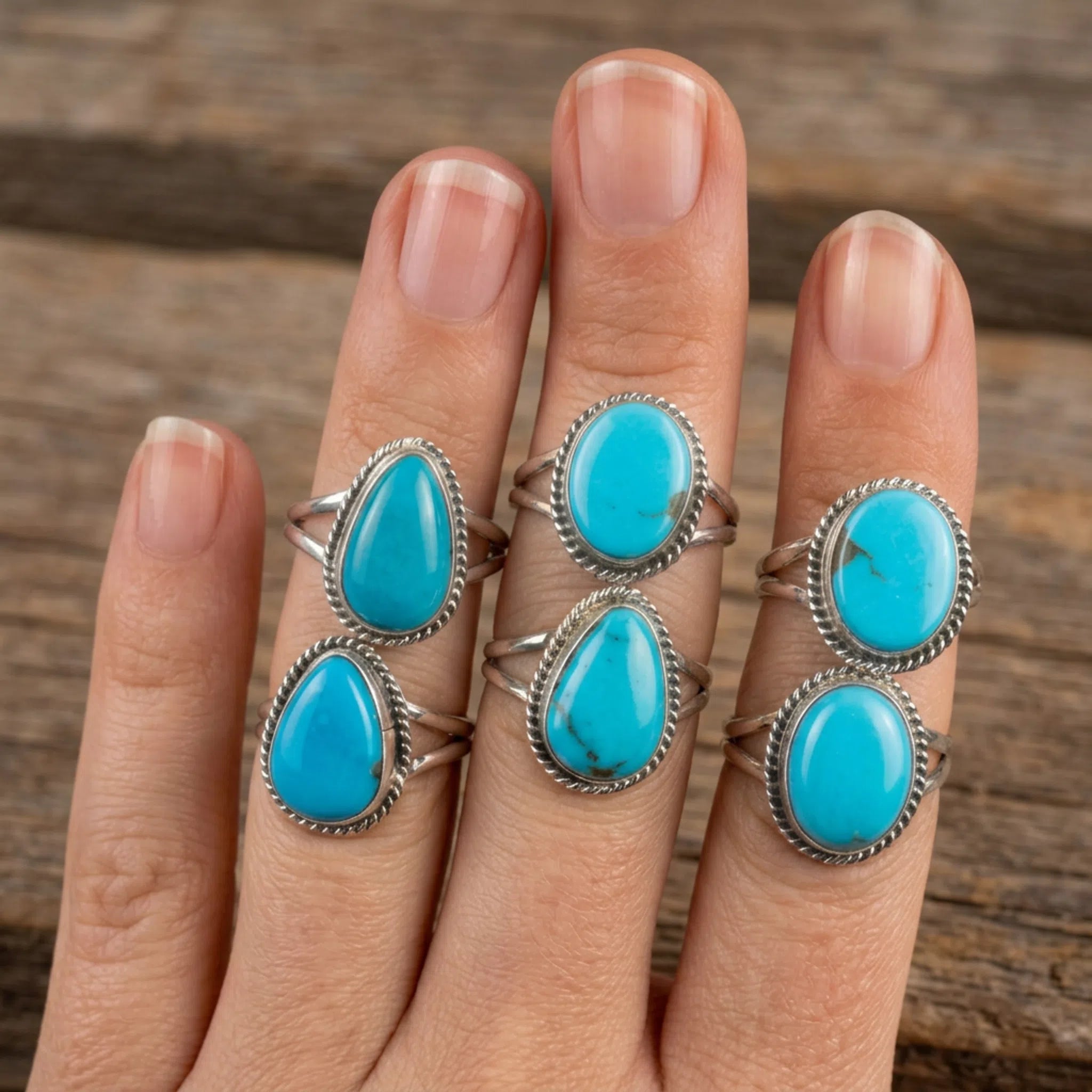close up of hand wearing six sterling silver  handcrafted navajo artisan rings featuring  blue natural kingman turquoise gemstones