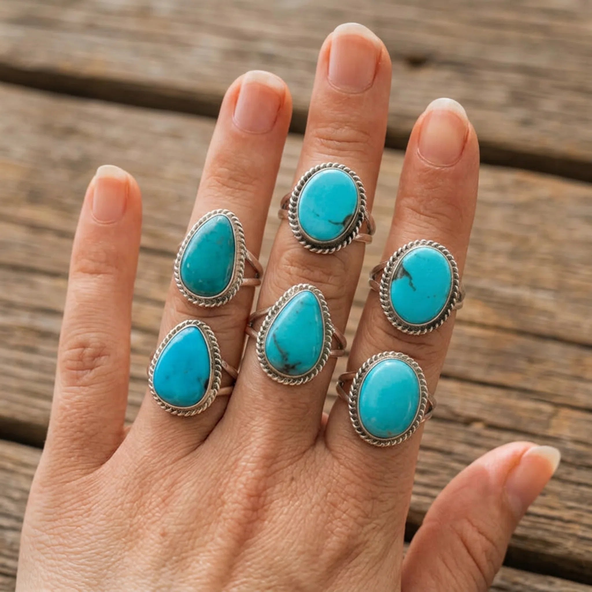 close up of a hand wearing 6 Sterling Silver  Turquoise Rings handcrafted by Navajo Artisans with natural Kingman Turquoise stones