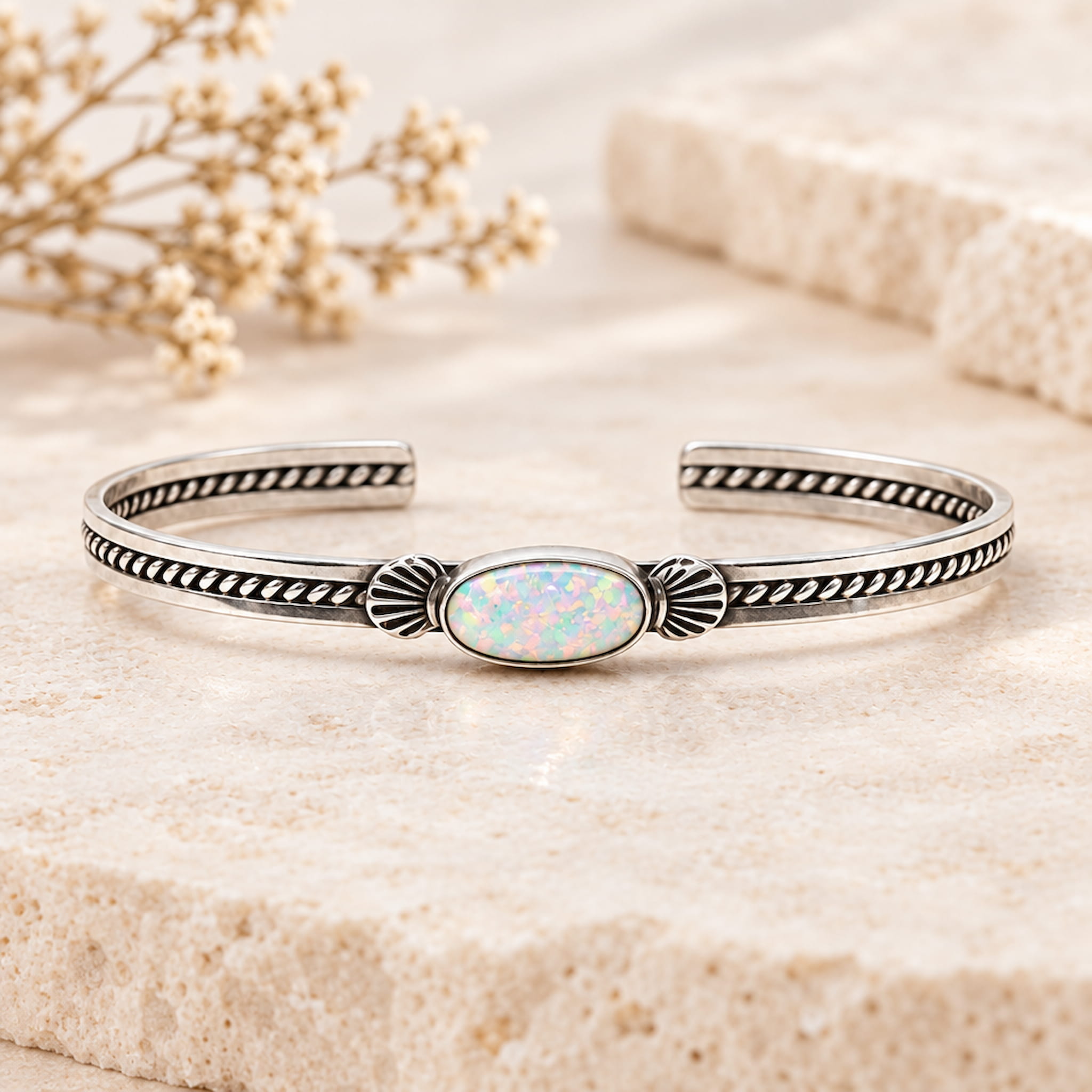Sterling silver Navajo opal cuff bracelet with a white opal and twisted rope bands on pale stone with dried flowers