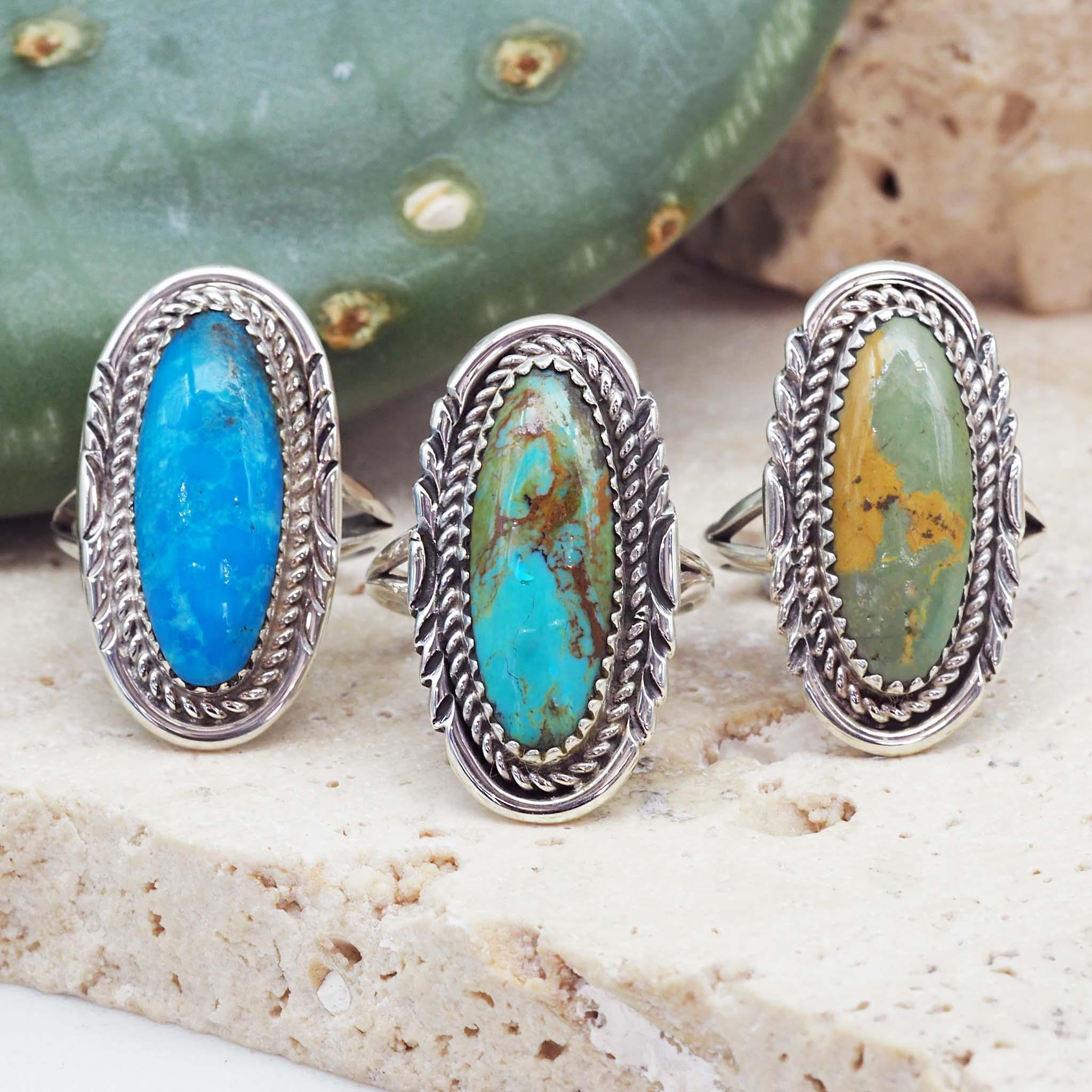 Indie and Harper Navajo Turquoise Rings in blue brown and green colours