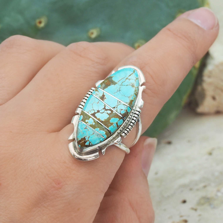 Navajo Sterling Silver Turquoise Ring being worn - Native American Jewelry - womens turquoise jewellery