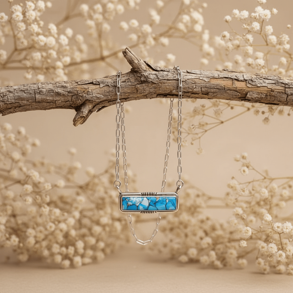 Necklace with a blue turquoise pendant on a branch with white flowers
