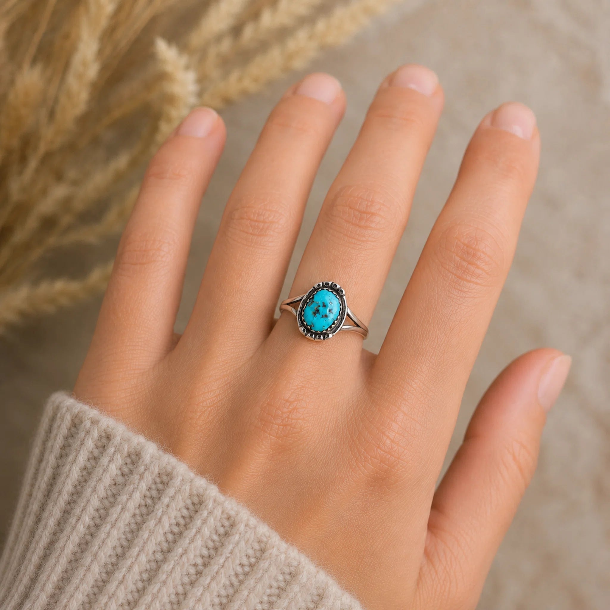 Hand wearing a oxidised sterling silver turquoise ring with a blurred natural background