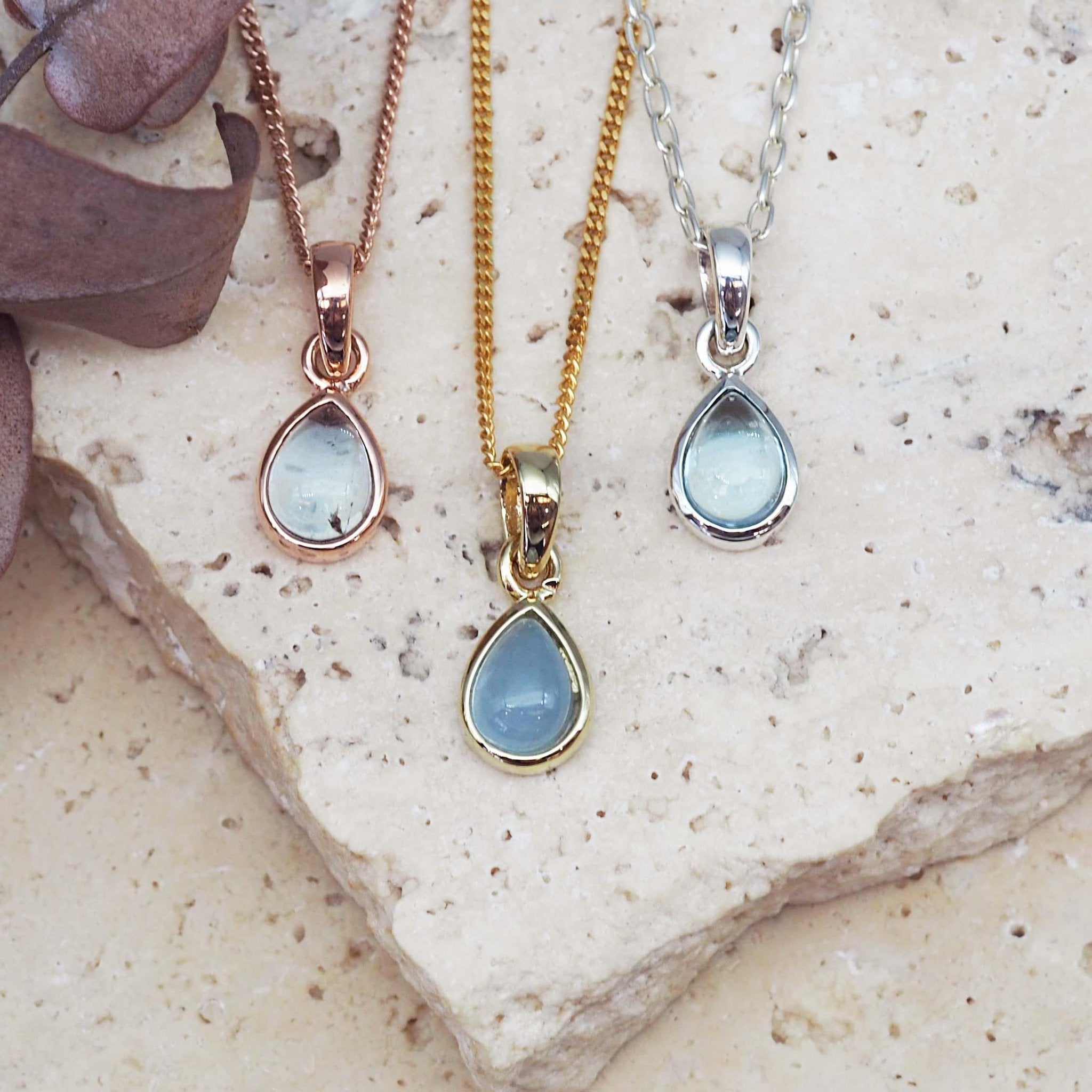 November Birthstone blue topaz necklaces in Rose Gold, Gold and Sterling Silver by indie and harper