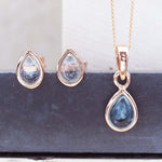 Rose Gold November Birthstone blue topaz earrings and blue topaz necklace by indie and harper Australia