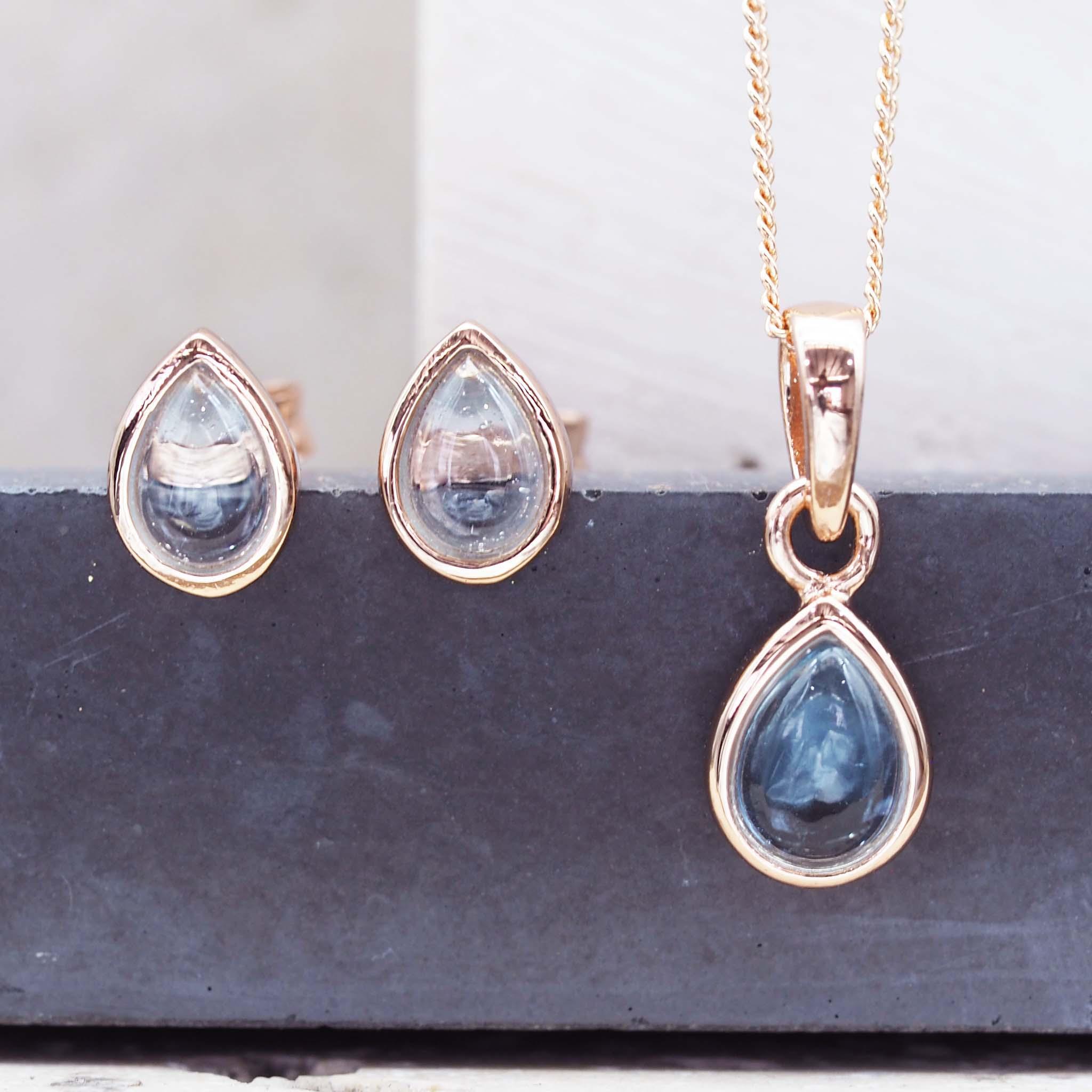 Rose Gold November Birthstone blue topaz earrings and blue topaz necklace by indie and harper Australia