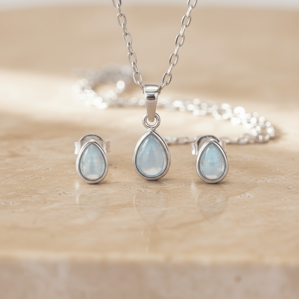 sterling Silver jewellery set with teardrop-shaped november birthstone blue topaz gemstones on a wooden surface