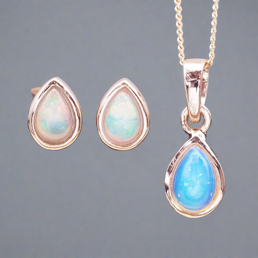 October Birthstone Jewellery set including rose gold opal earrings and rose gold opal necklace  - womens october birthstone jewellery australia