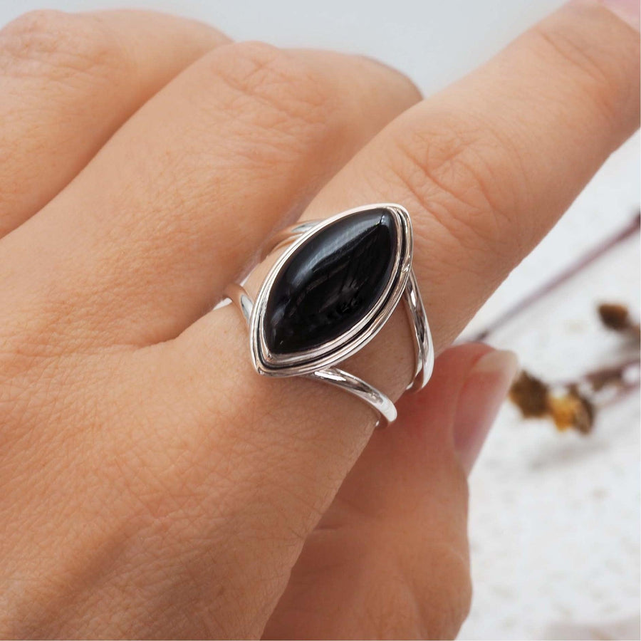Sterling silver black Onyx ring being worn - women’s boho jewellery - Australian jewellery brand 