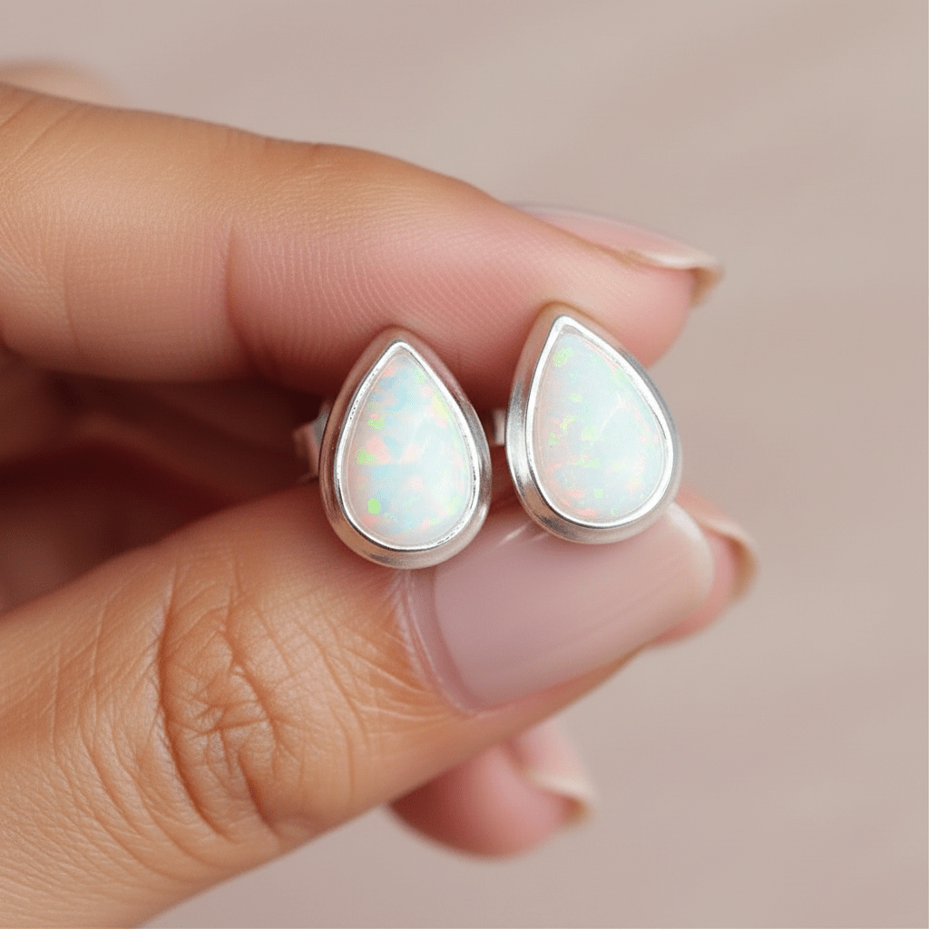 Teardrop-shaped white opal stud earrings held between fingers against a neutral background