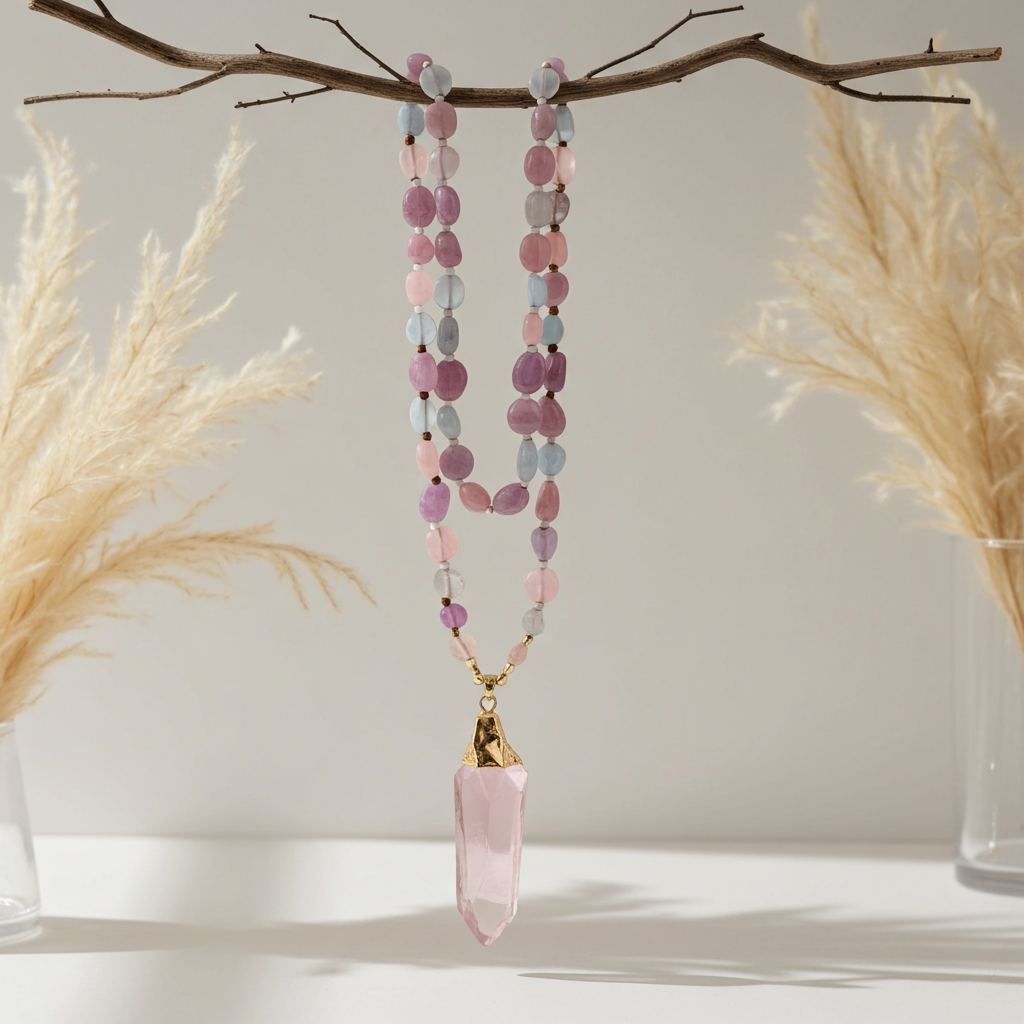 Necklace with pink and blue beads and a pink crystal pendant on a branch with dried plants.