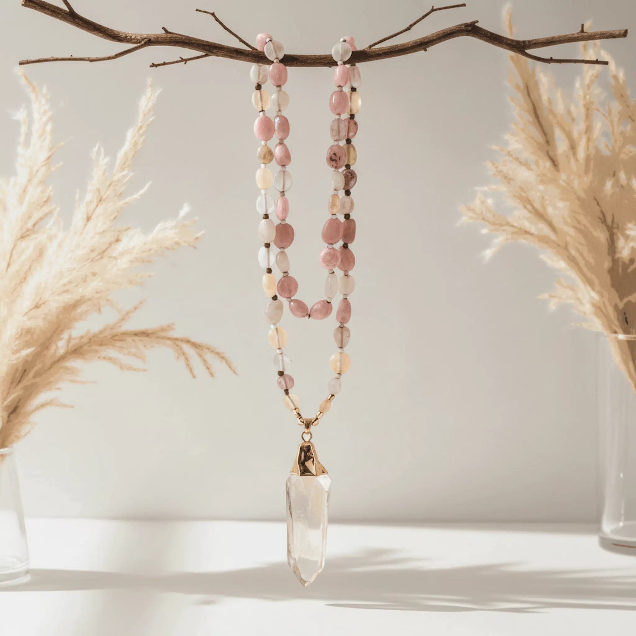 Necklace with pink beads and a clear crystal pendant on a branch with dried plants.