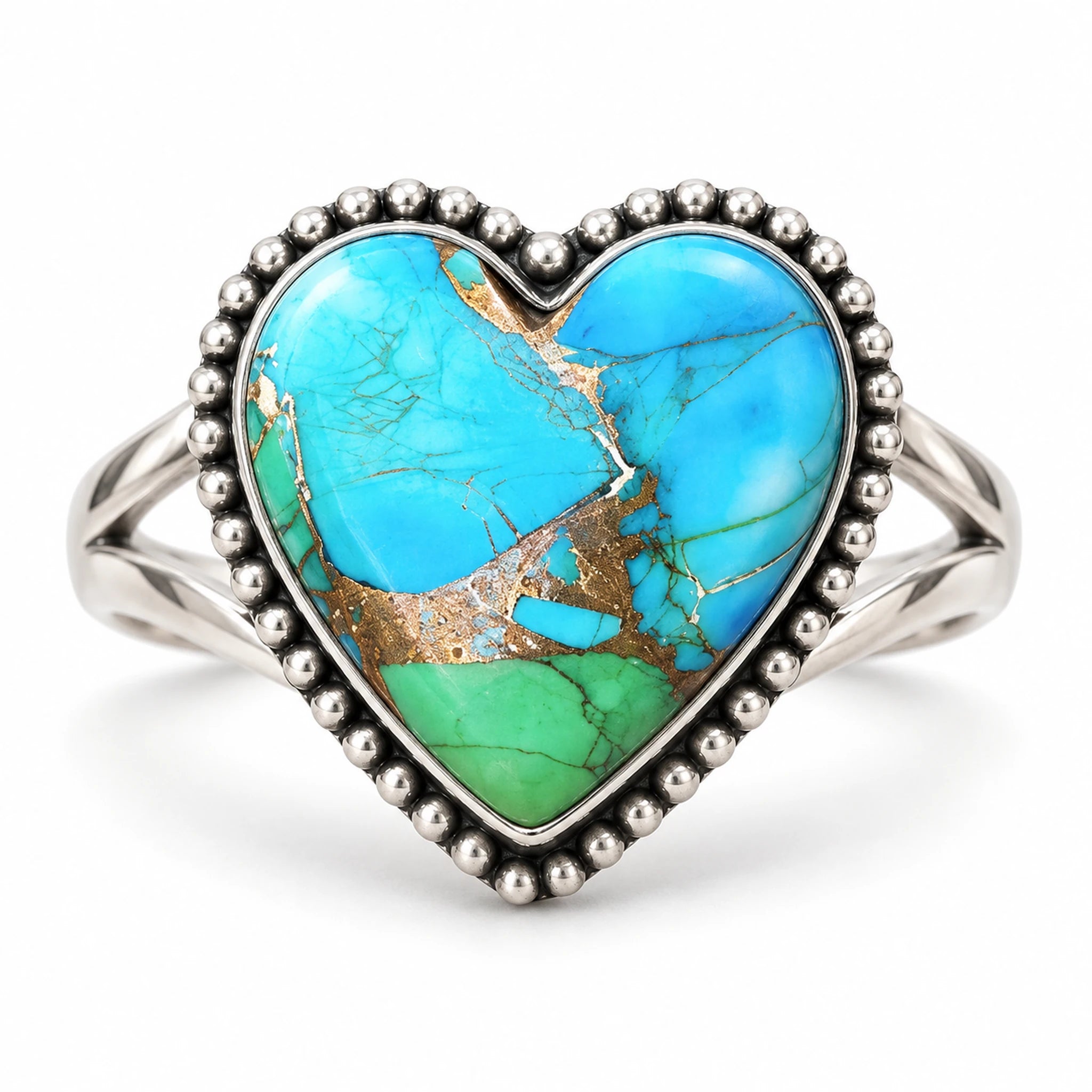 Peacock Dahlia turquoise heart ring, alternate blue and green stone with gold-coloured matrix, front view on white