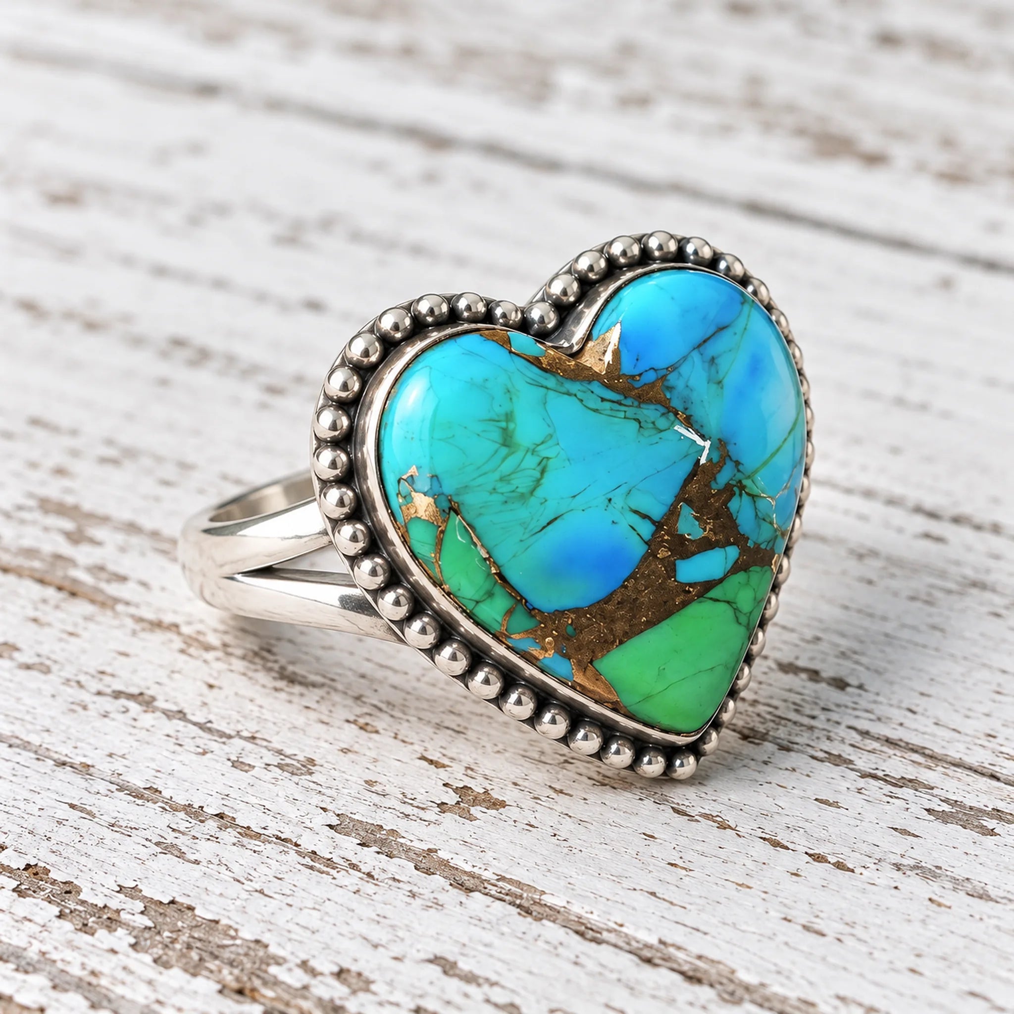 Peacock Dahlia turquoise heart ring with a blue-green stone and gold matrix, angled on whitewashed wood