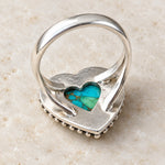 Peacock Dahlia Turquoise Heart Ring back view showing the open back and sterling silver band