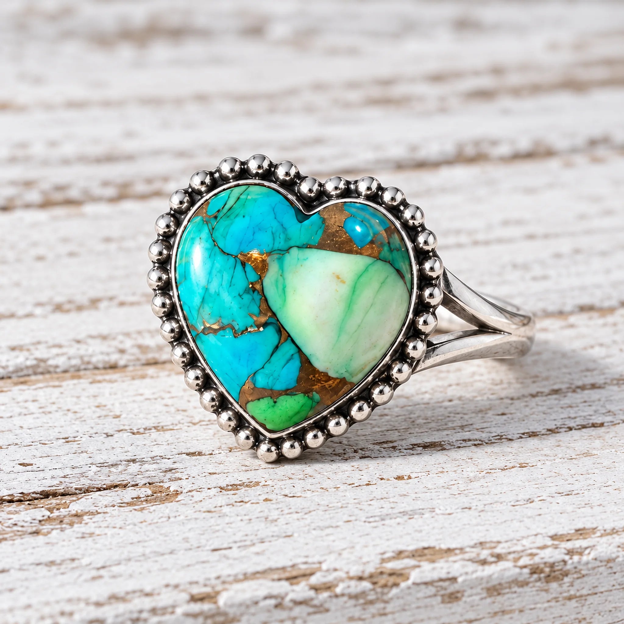 Peacock Dahlia Turquoise Heart Ring close-up on whitewashed wood, green, blue and gold heart cabochon